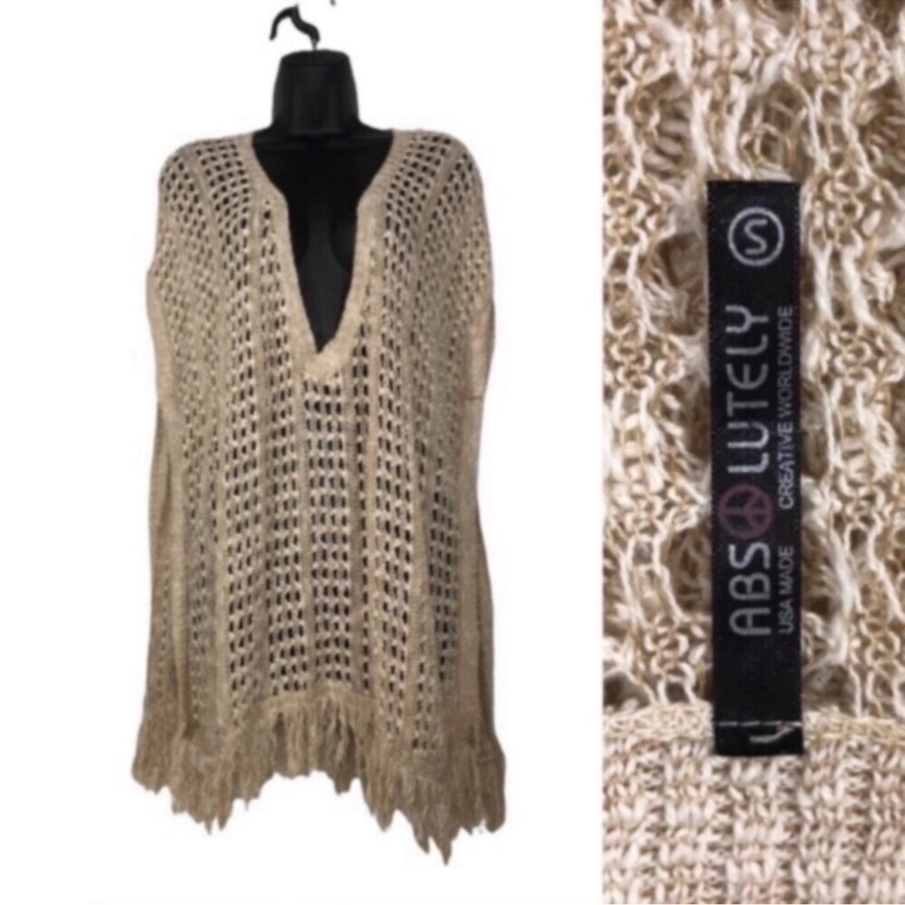 Absolutely Women’s Size Small Crochet V-Neck Sweater Tunic Fringed & Side Slits